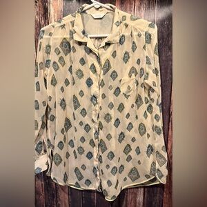 Bohemian Cream and Blue Geometric Button Down Shirt